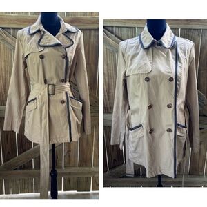 Tommy Hilfiger Tan Double Breasted Cotton Trench Coat with Faux Leather Trim L